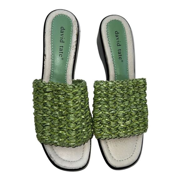 David Tate Womens Slip On Woven Strap Square Toe Wedge Heel Sandals Green Size 7 - Picture 2 of 8